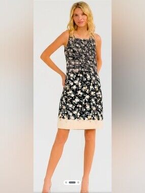 Lauren Conrad Square Neck Floral Pattern Black and Cream Sleeveless Shift Dress